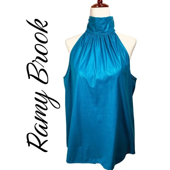 Ramy Brook Teal Faux Leather Halter High Neck Draped Vegan Leather Blouse Medium - Picture 13 of 14
